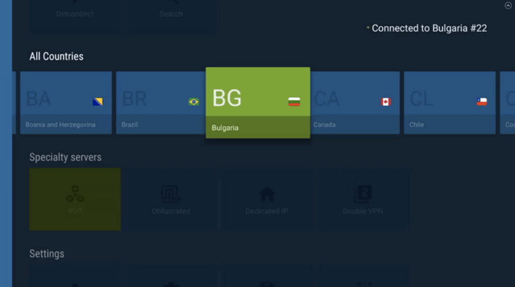 Country and Specialty server selection on NordVPN on Fire Stick